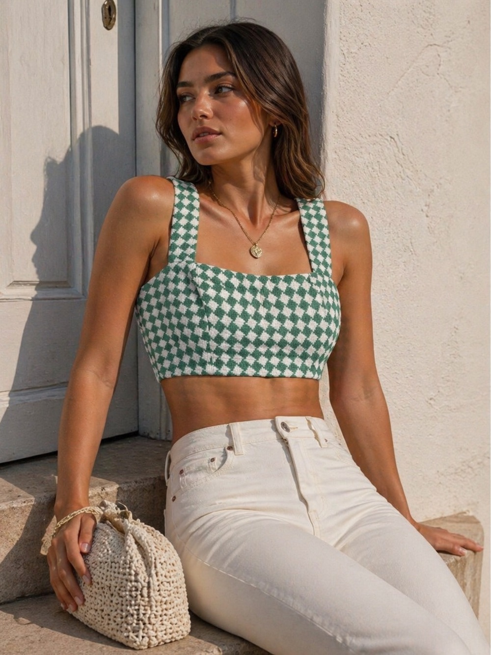 Tweed Green & White Checkered Cropped picnic Tank Top size PP (XS) NWT